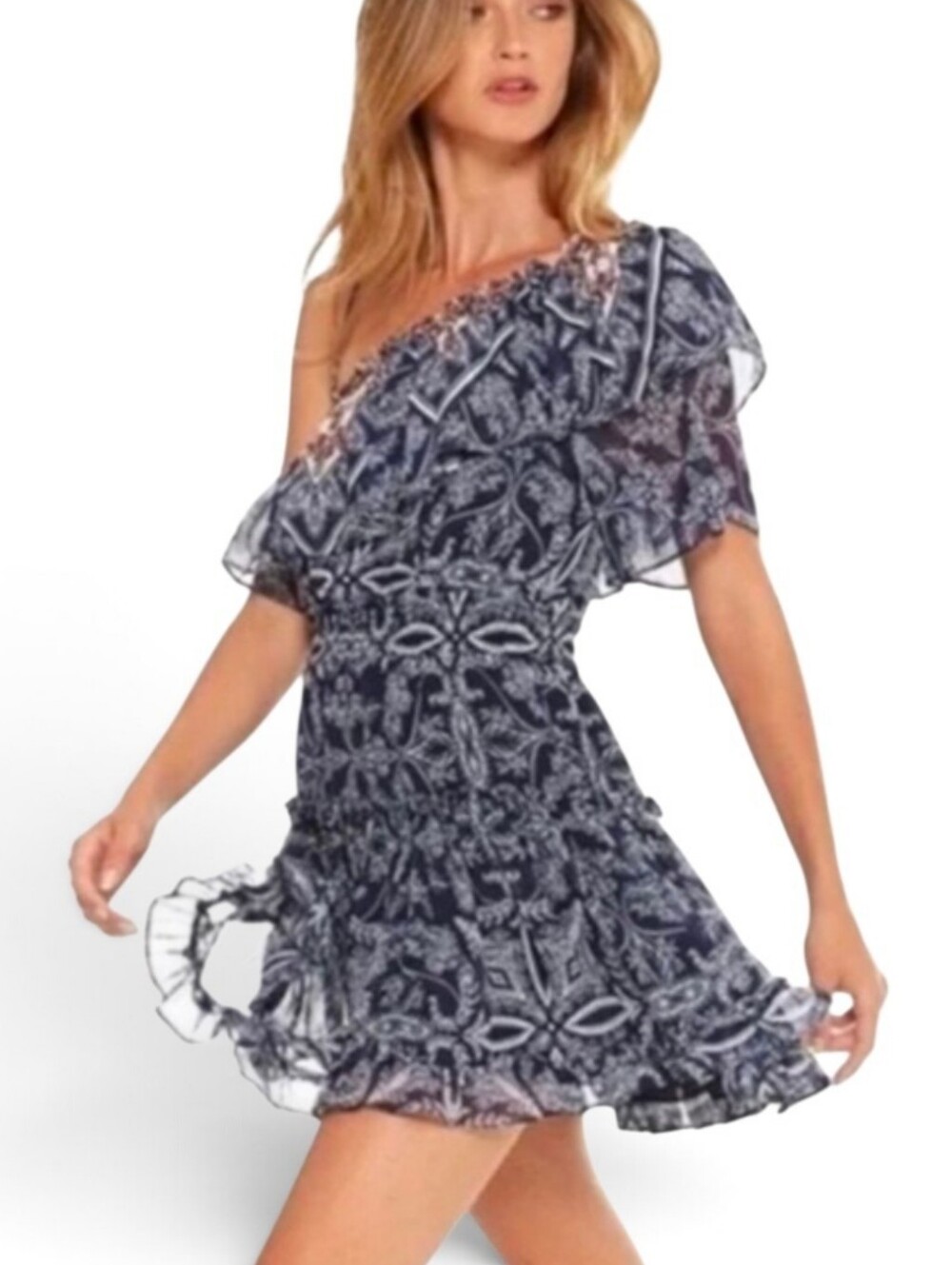 NWOT MISA LOS ANGELES Ezri One-Shoulder Printed Ruffle Tiered Mini Dress - Small
